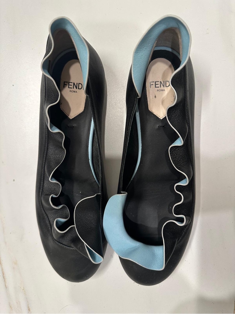 Fendi Black Leather Ruffle-Trim Flats with Light Blue Accents